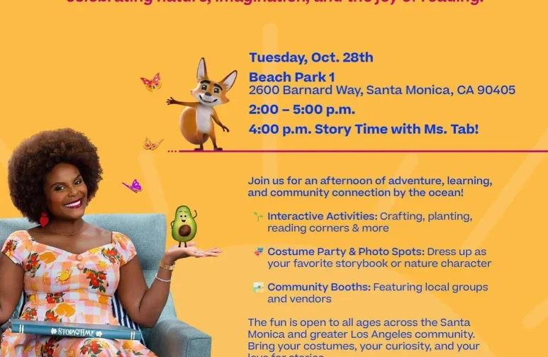 Флаер «Приключения из книжки о природе»: информирует о мероприятии с Табитой Браун в Санта-Монике 28 октября, где будут проводиться различные мероприятия, рассказываться истории и работать стенды сообщества. Игровой и привлекательный тон.